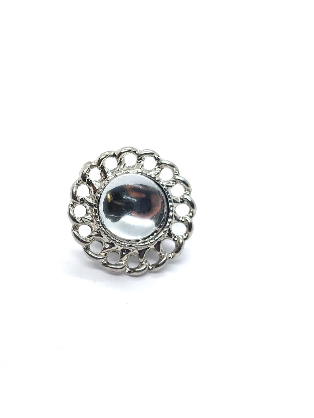 Silver Filigree Pin Domed Clear Clear White Stone Retro Statement Round Metal